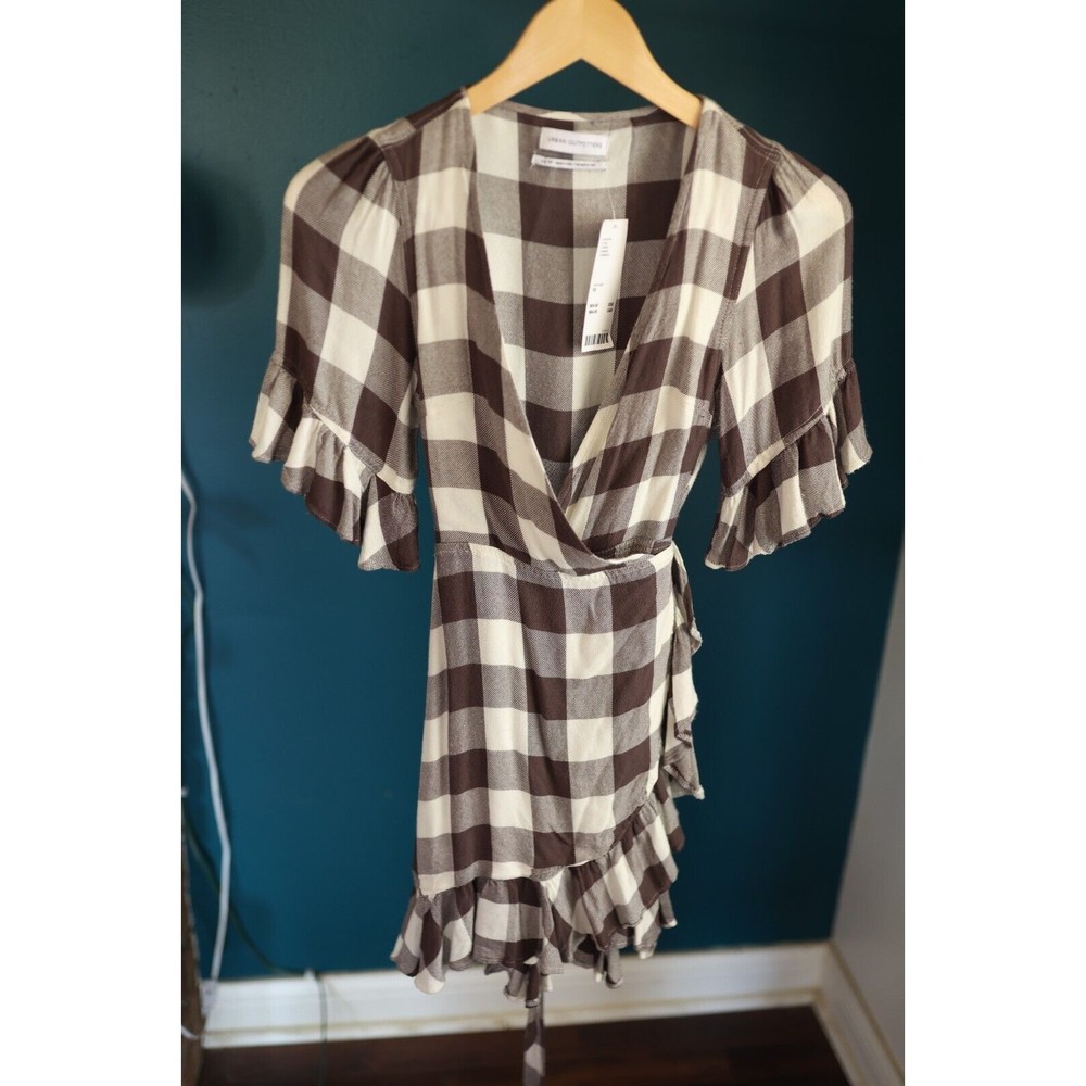 Urban Outfitters NWT Kayla Wrap Dress Buffalo Plaid Brown Check XS